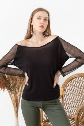 Kadın Siyah Kayık Yaka Kolu Tüllü Bluz - 2