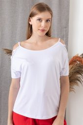 Kadın Beyaz Kayık Yaka Kol Detaylı Bluz - 2