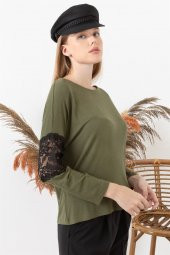 Kadın Haki Kolu Dantel Detaylı Bluz - 1