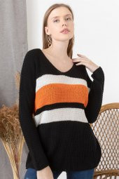 Kadın Siyah V Yaka Bloklu Kazak thumbnail 2