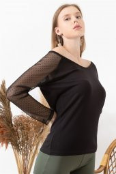 Kadın Siyah Kayık Yaka Kolu Tüllü Bluz - 3