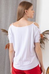 Kadın Beyaz Kayık Yaka Kol Detaylı Bluz - 3
