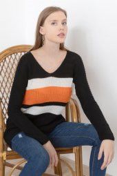 Kadın Siyah V Yaka Bloklu Kazak thumbnail 3