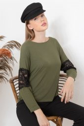 Kadın Haki Kolu Dantel Detaylı Bluz - 2