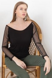 Kadın Siyah Kayık Yaka Kolu Tüllü Bluz - 4