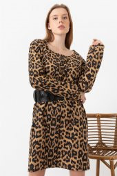 Kadın Leopar Desenli U Yaka Elbise - 2