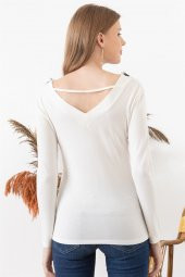 Kadın Ekru Dantel Detaylı V Yaka Bluz - 4