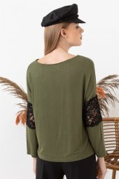 Kadın Haki Kolu Dantel Detaylı Bluz - 3