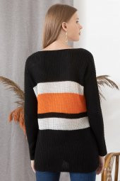 Kadın Siyah V Yaka Bloklu Kazak thumbnail 4