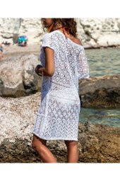 Kadın Tek Omzu Açık Dantel Örme Beyaz Plaj Elbisesi - 2