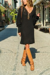 Kadın V Yaka Uzun Kol Triko Siyah Elbise - 1