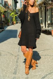 Kadın V Yaka Uzun Kol Triko Siyah Elbise - 2