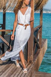 Kadın Ajurlu V Yaka Beyaz Kruvaze Elbise - 1