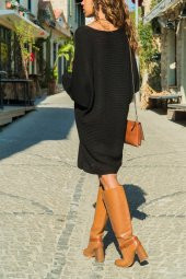 Kadın V Yaka Uzun Kol Triko Siyah Elbise - 3