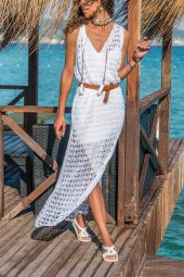 Kadın Ajurlu V Yaka Beyaz Kruvaze Elbise - 2