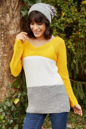 Kadın V Yaka Bloklu Hardal Kazak - 2