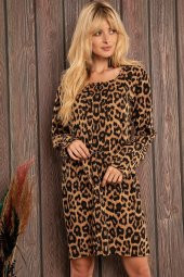 Kadın U Yaka Diz Üstü Leopar Elbise - 3