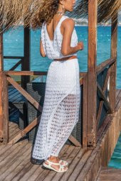 Kadın Ajurlu V Yaka Beyaz Kruvaze Elbise - 3