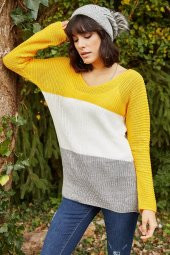 Kadın V Yaka Bloklu Hardal Kazak - 3