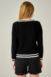 Kadın V Yaka Şeritli Siyah Kazak - 3