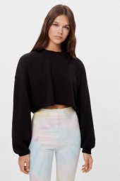 Kadın Uzun Kollu Crop Kesim Siyah Sweatshirt - 1