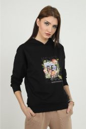 Kadın Önü Dijital Baskılı Siyah Kapüşonlu Sweatshırt - 1