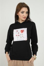 Kadın Önü Love Motifli Siyah Kapüşonlu Sweatshirt - 1