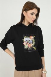 Kadın Önü Dijital Baskılı Siyah Kapüşonlu Sweatshırt - 2