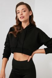Kadın Uzun Kollu Crop Kesim Siyah Kapüşonlu Sweatshirt - 1