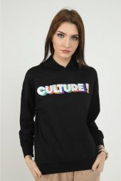 Kadın Culture Yazı Baskılı Siyah Kapüşonlu Sweatshirt - 2