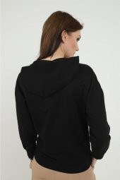 Kadın Önü Dijital Baskılı Siyah Kapüşonlu Sweatshırt - 3