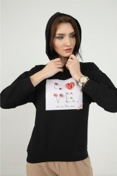 Kadın Önü Love Motifli Siyah Kapüşonlu Sweatshirt - 2