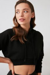 Kadın Uzun Kollu Crop Kesim Siyah Kapüşonlu Sweatshirt - 2