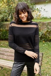 Kadın Tül Detaylı Triko Siyah Bluz - 1