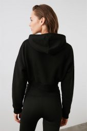 Kadın Uzun Kollu Crop Kesim Siyah Kapüşonlu Sweatshirt - 4