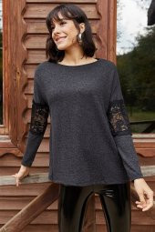 Kadın Kolu Dantel Detaylı Antrasit Bluz - 1