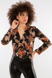 Kadın Palmiye Desenli Baskılı Kruvaze Siyah Bluz - 1