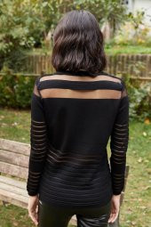 Kadın Tül Detaylı Triko Siyah Bluz - 5