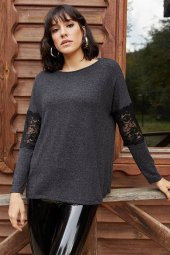 Kadın Kolu Dantel Detaylı Antrasit Bluz - 4