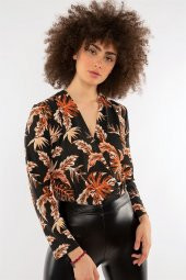 Kadın Palmiye Desenli Baskılı Kruvaze Siyah Bluz - 2