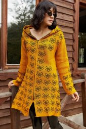 Kadın Çiçek Desenli Kapüşonlu Hardal Hırka - 1