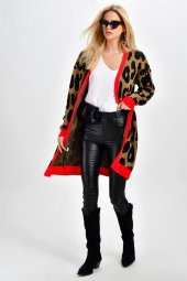 Camel Leopar Desenli Kırmızı Hırka - 1