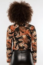 Kadın Palmiye Desenli Baskılı Kruvaze Siyah Bluz - 3