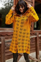 Kadın Çiçek Desenli Kapüşonlu Hardal Hırka - 4