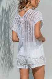 AJURLU ETEĞİ PÜSKÜLLÜ V YAKA TRİKO BLUZ - 2