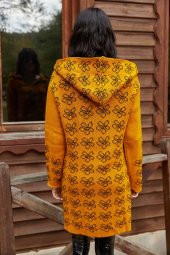 Kadın Çiçek Desenli Kapüşonlu Hardal Hırka - 5