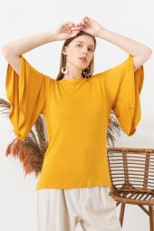 Kadın Hardal Kolu Volanlı Kayık Yaka Bluz - 1