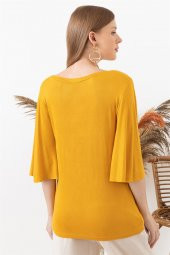 Kadın Hardal Kolu Volanlı Kayık Yaka Bluz - 4