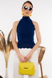 Kadın Yarım Balıkçı Saks Mavisi Bluz - 2