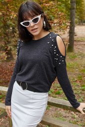 OMZU PENCERELİ İNCİLİ BLUZ - 2